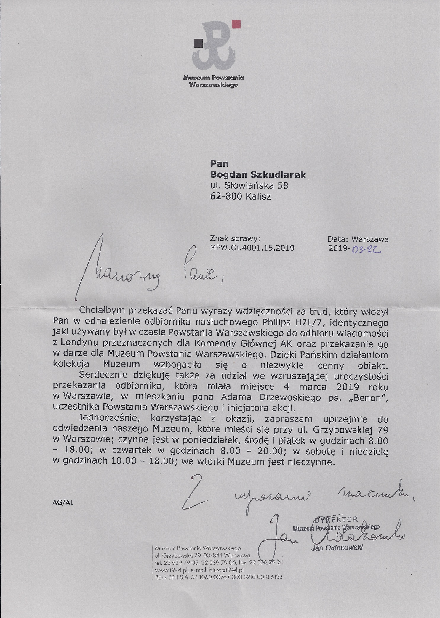 List Muzeum Powstania Warszawskiego