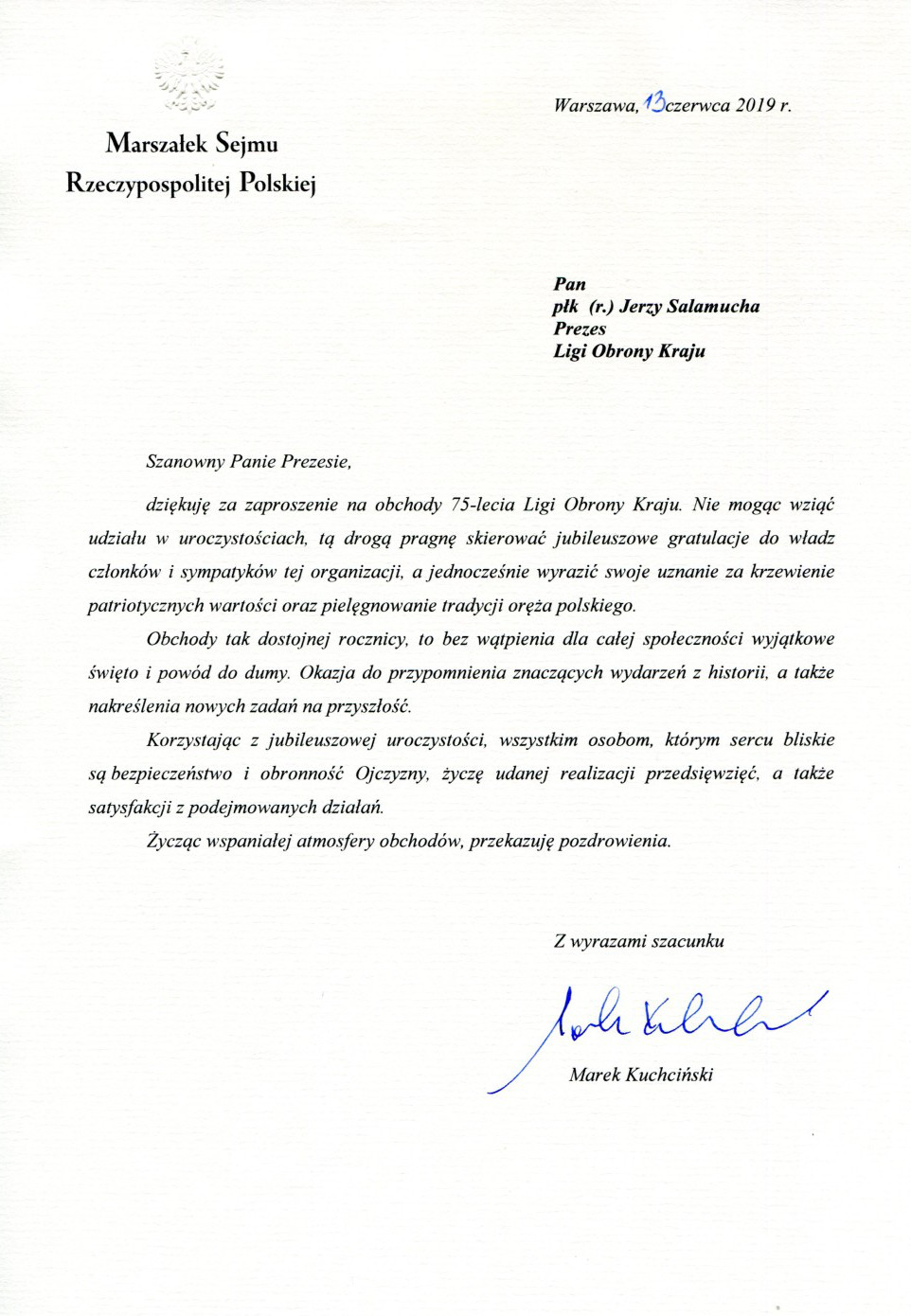 List gratulacyjny Marszałka Sejmu Rzeczypospolitej Marka Kuchcińskiego