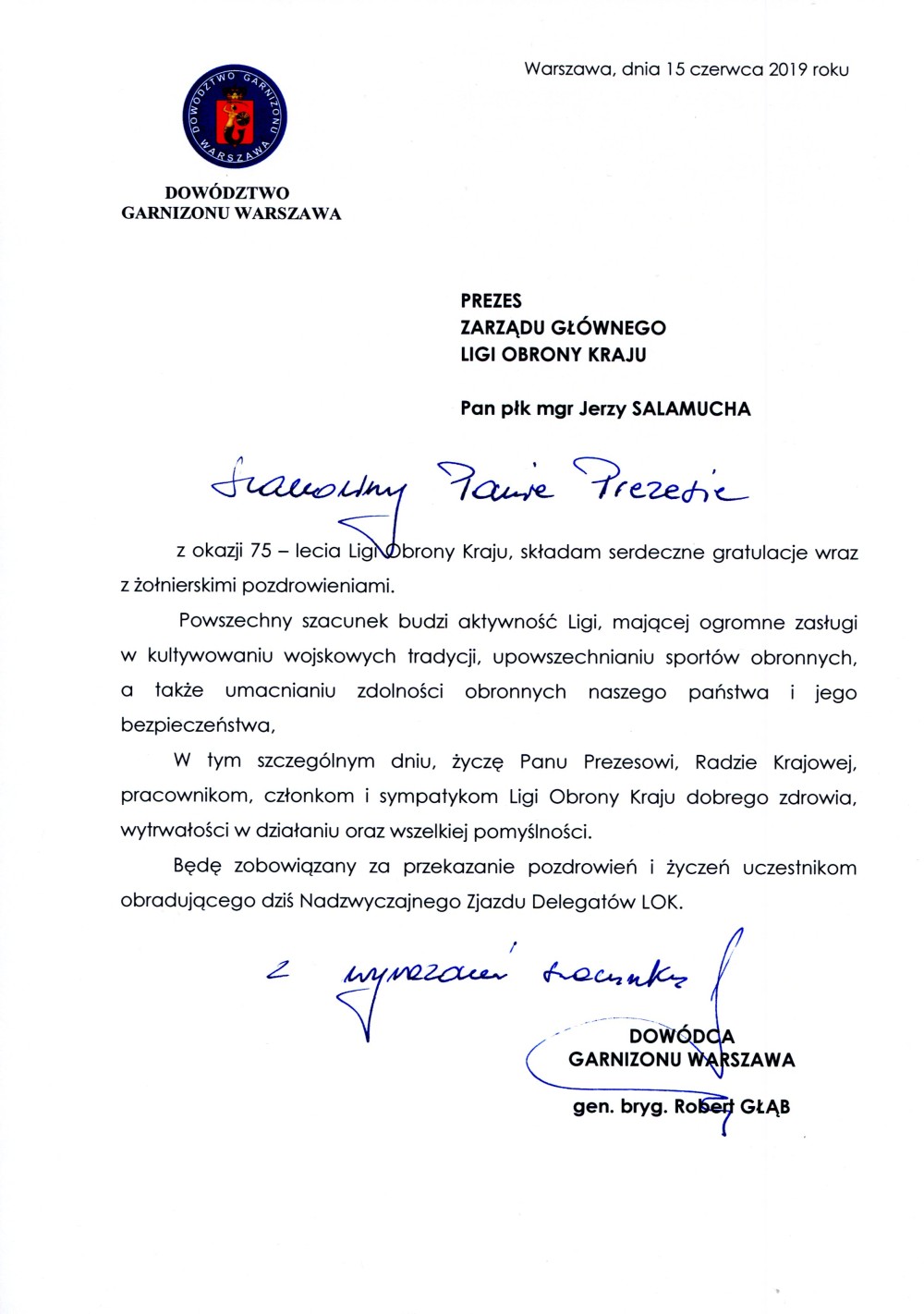List gratulacyjny Dowódcy Garnizonu Warszawa gen. bryg. Roberta Głąba