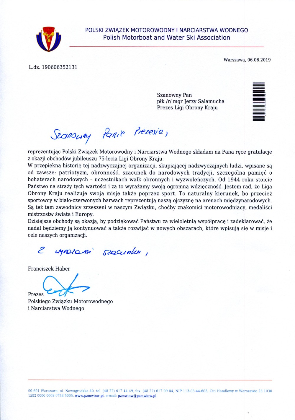 List gratulacyjny Polskiego Związku Motorowodnego i Narciarstwa Wodnego